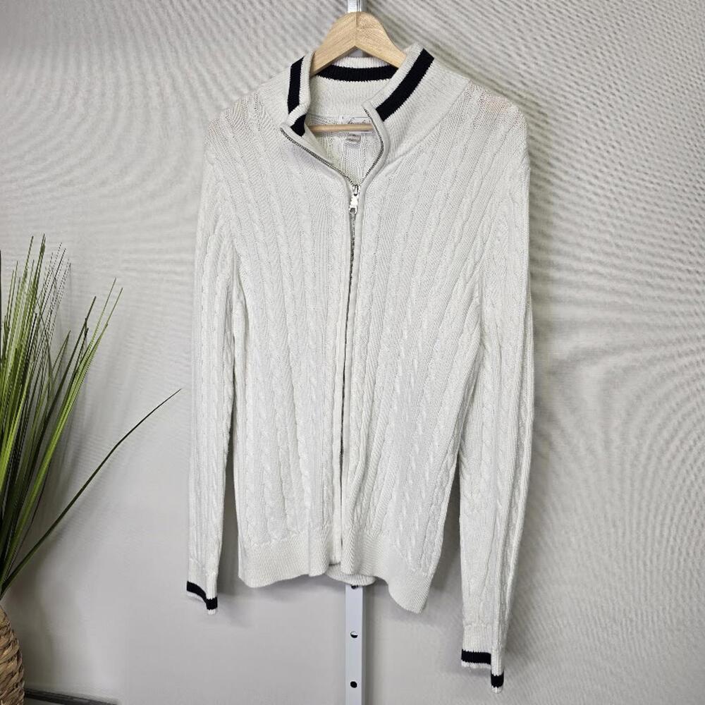 Foxcroft Womens XL White Supima Cotton Cable Knit Full Zip Cardigan Sweater